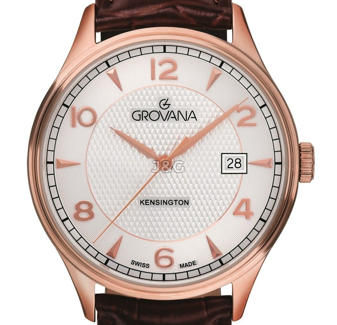 Grovana Quartz movement Silver Leather Male 1305.1562.-.GW. A brand-new Grovana watch featuring a Silver dial and a Leather strap. Angled view. - view 2