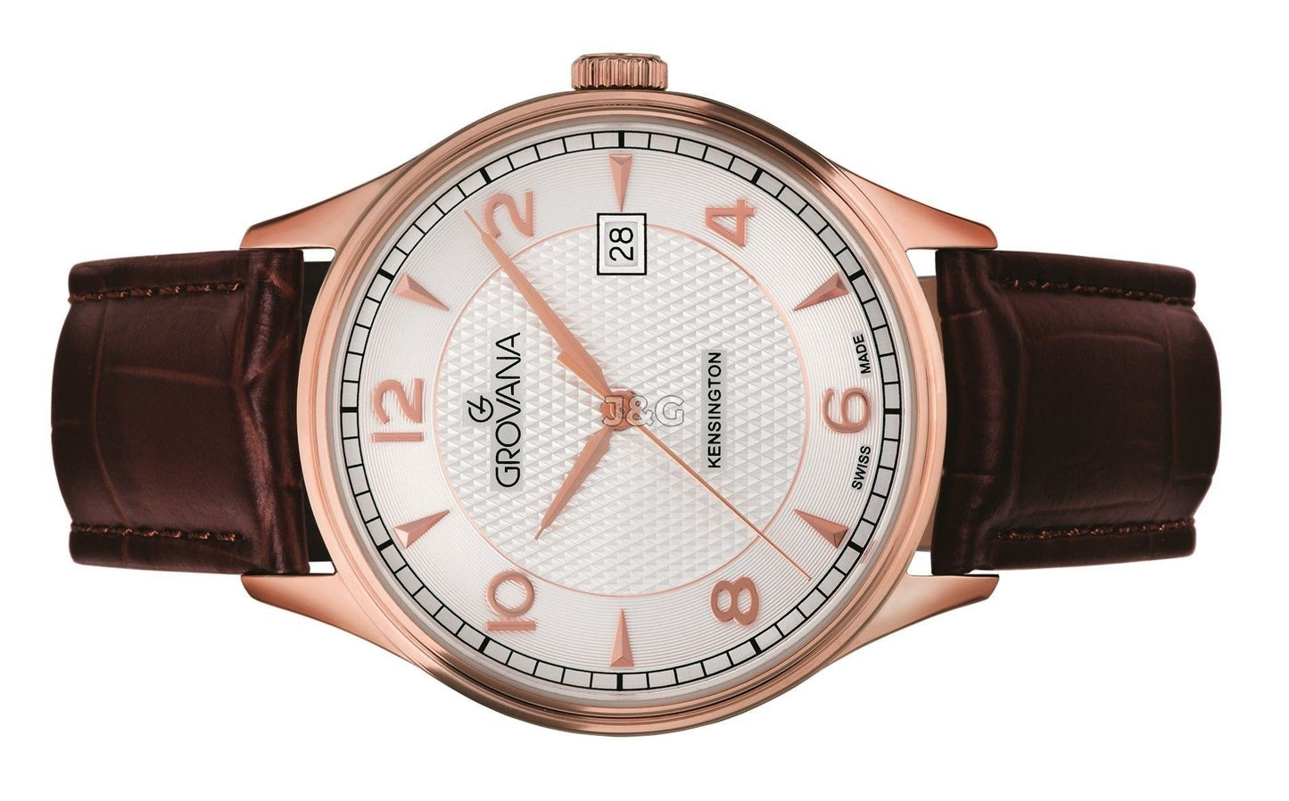 Grovana Quartz movement Silver Leather Male 1305.1562.-.GW. A brand-new Grovana watch featuring a Silver dial and a Leather strap. Angled view. - view 3