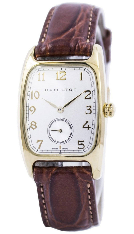 Hamilton American Classic Boulton Quartz Swiss Made. A brand-new Hamilton American Classic watch featuring a Leather strap. Angled view.