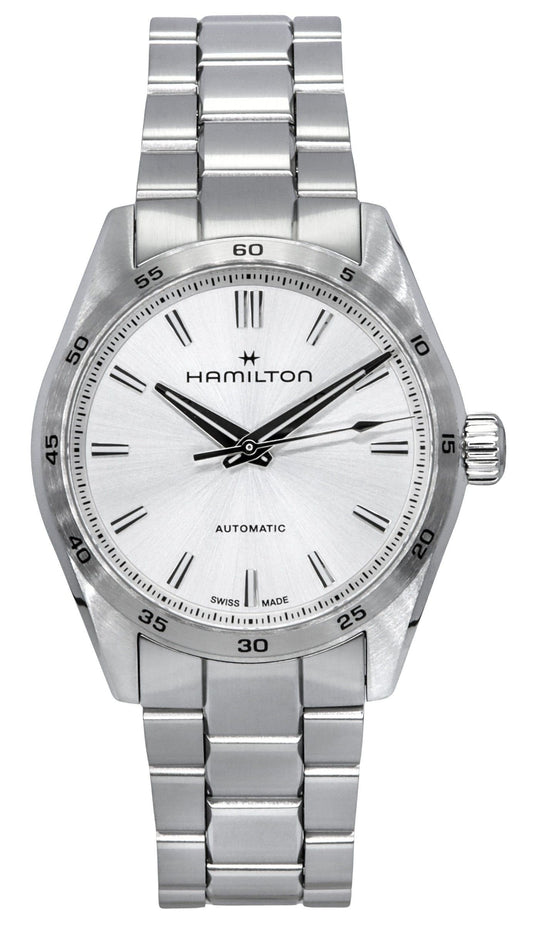 Hamilton Jazzmaster Performer Stainless Steel Silver Dial. A brand-new Hamilton Jazzmaster watch featuring a Silver dial and a Stainless steel strap. Front view.