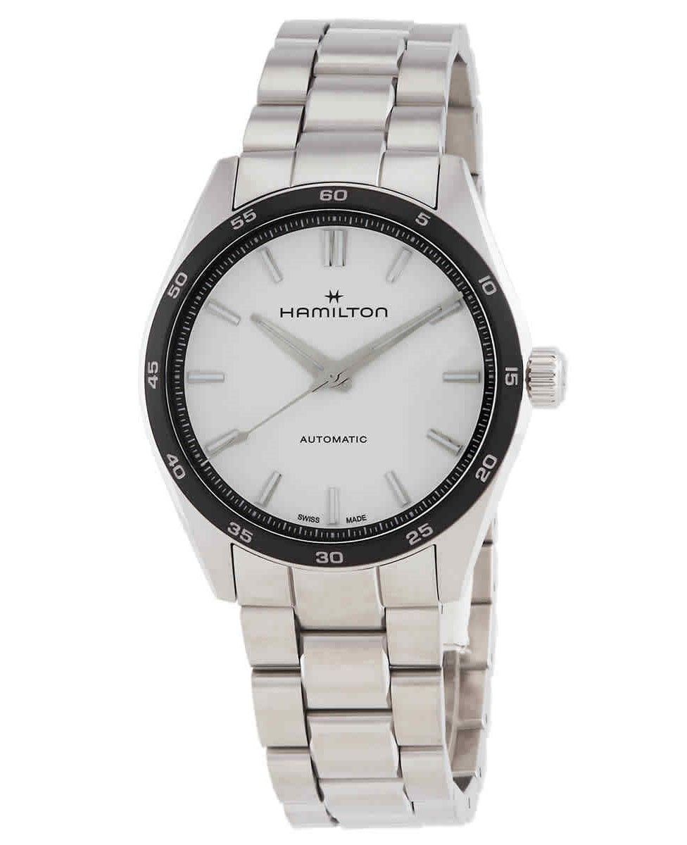Hamilton Jazzmaster Performer Stainless Steel White Dial. A brand-new Hamilton Jazzmaster watch featuring a White dial and a Stainless steel strap. Side view.