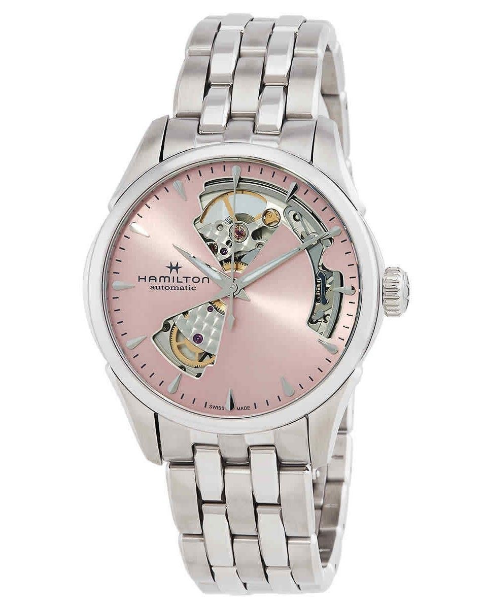 Hamilton Jazzmaster Stainless Steel Pink Open Heart Dial. A brand-new Hamilton Jazzmaster watch featuring a Stainless steel strap. Side view.