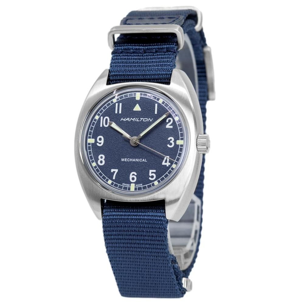 Hamilton Khaki Aviation Pilot Pioneer Blue Dial Mechanical. A brand-new Hamilton Khaki watch featuring a Blue dial and a Polyester strap. Front view.