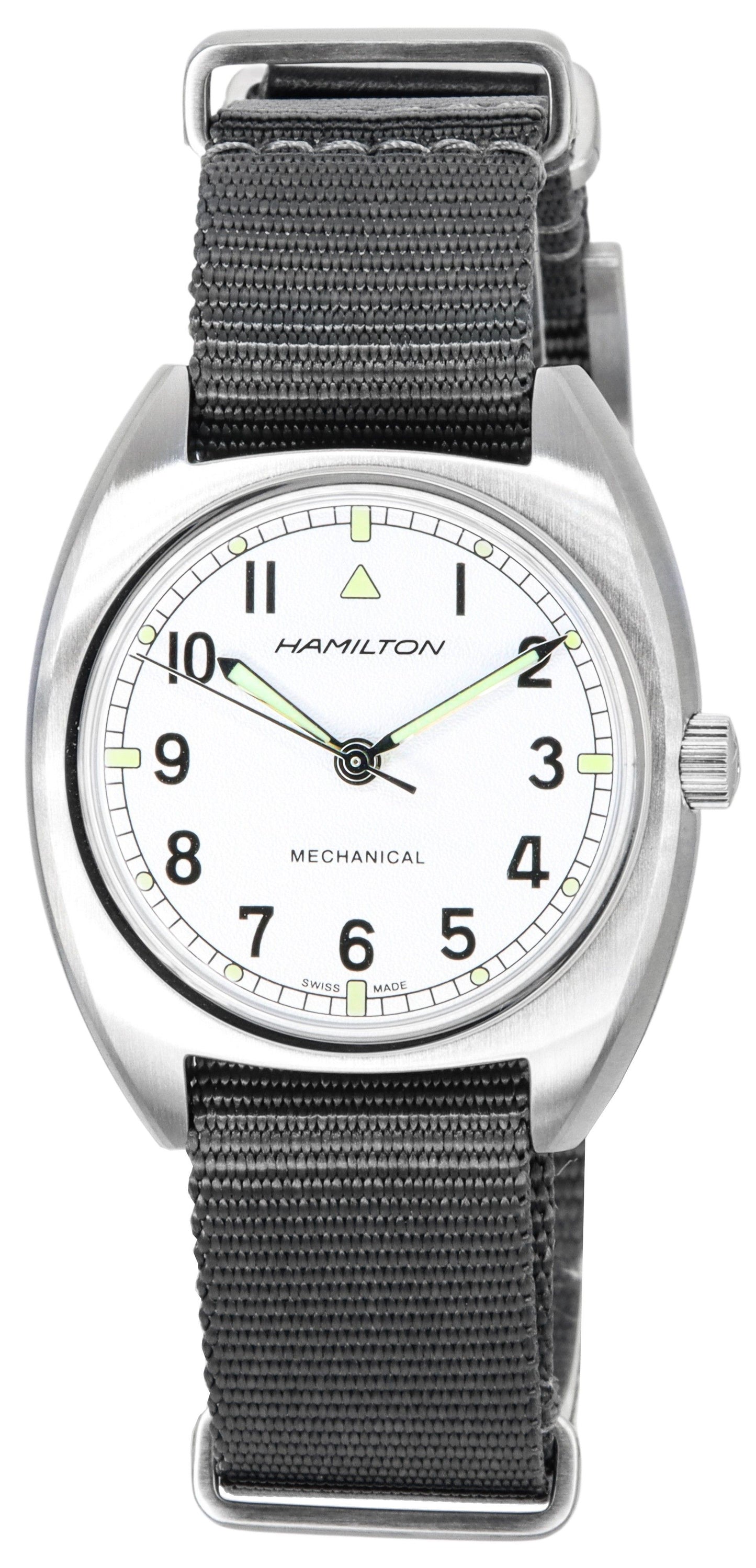 Hamilton Khaki Aviation Pilot Pioneer Silver Dial. A brand-new Hamilton Khaki watch featuring a Silver dial and a Nylon strap. Front view.