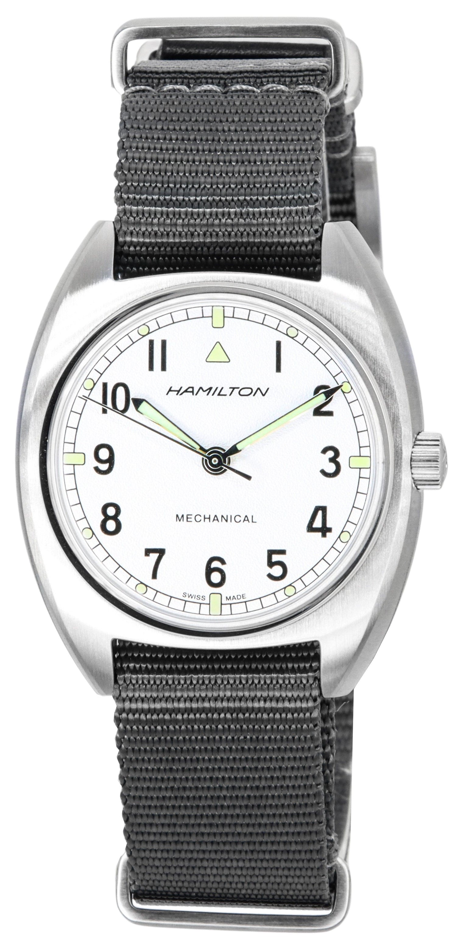 Hamilton Khaki Aviation Pilot Pioneer Silver Dial. A brand-new Hamilton Khaki watch featuring a Silver dial and a Nylon strap. Front view.