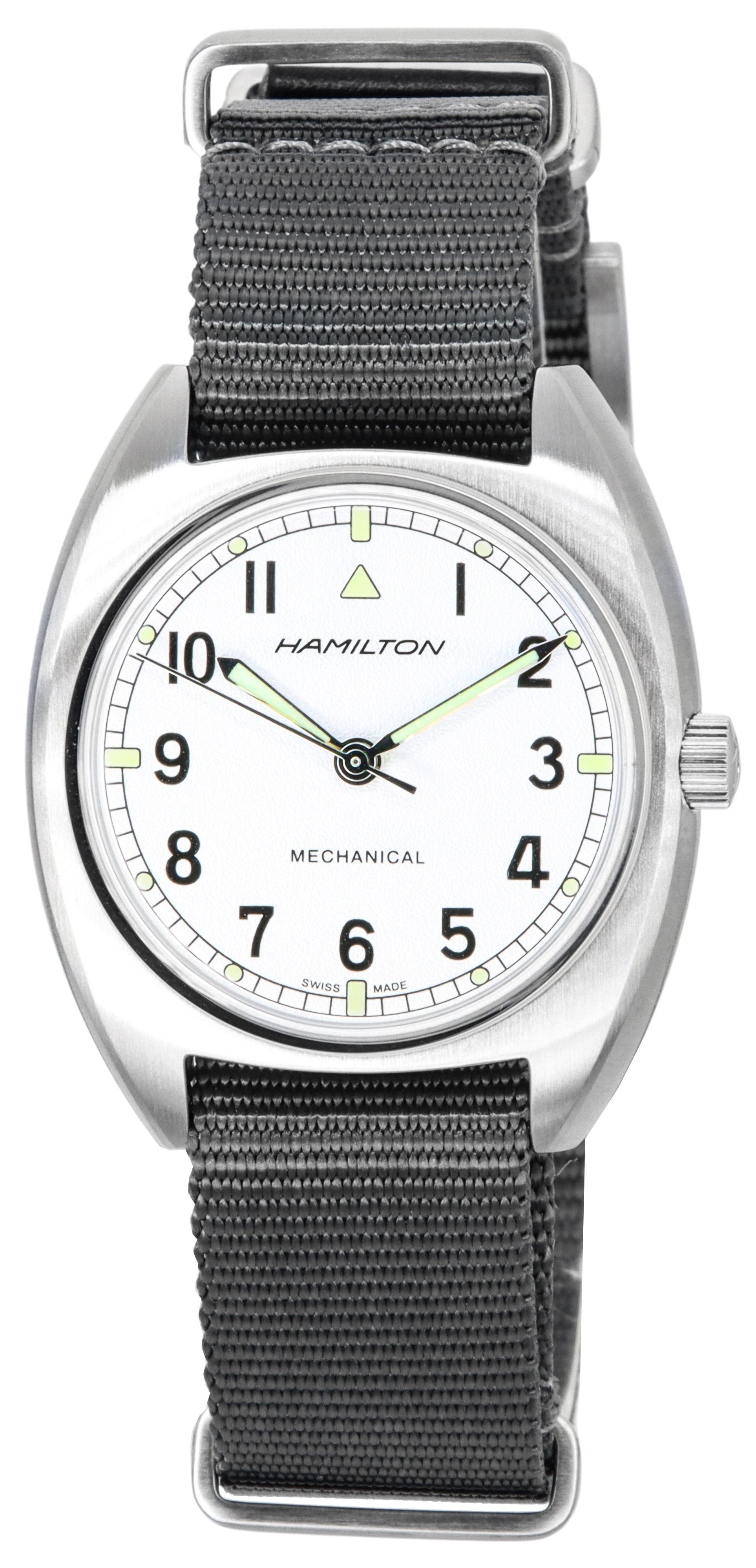 Hamilton Khaki Aviation Pilot Pioneer Silver Dial. A brand-new Hamilton Khaki watch featuring a Silver dial and a Nylon strap. Front view.