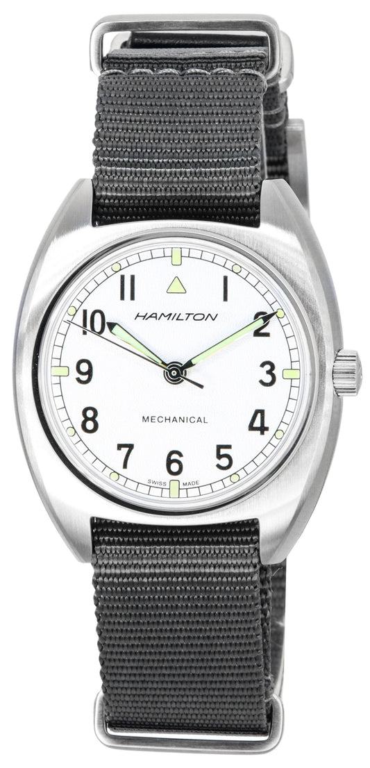 Hamilton Khaki Aviation Pilot Pioneer Silver Dial. A brand-new Hamilton Khaki watch featuring a Silver dial and a Nylon strap. Front view.