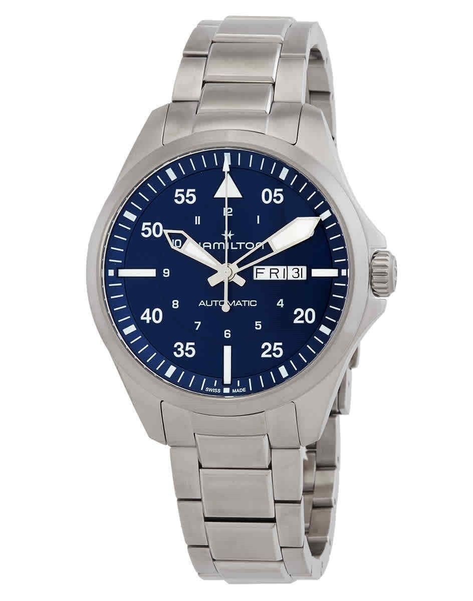 Hamilton Khaki Aviation Pilot Stainless Steel Blue Dial. A brand-new Hamilton Khaki watch featuring a Blue dial and a Stainless steel strap. Angled view.