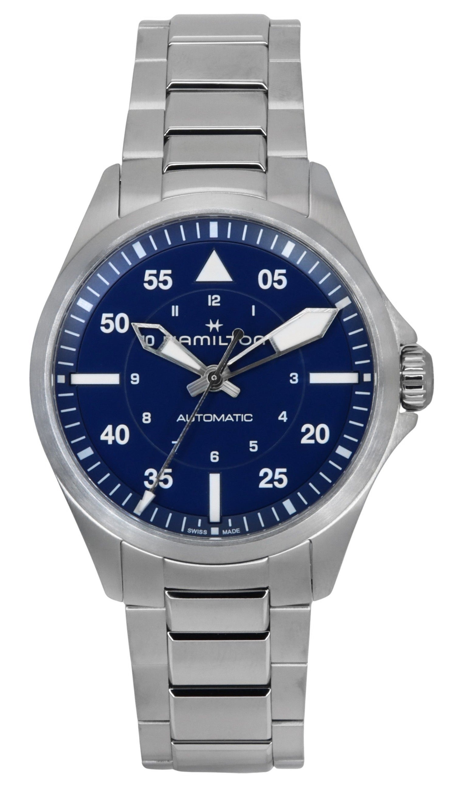 Hamilton Khaki Aviation Pilot Stainless Steel Blue Dial. A brand-new Hamilton Khaki watch featuring a Blue dial and a Stainless steel strap. Front view.