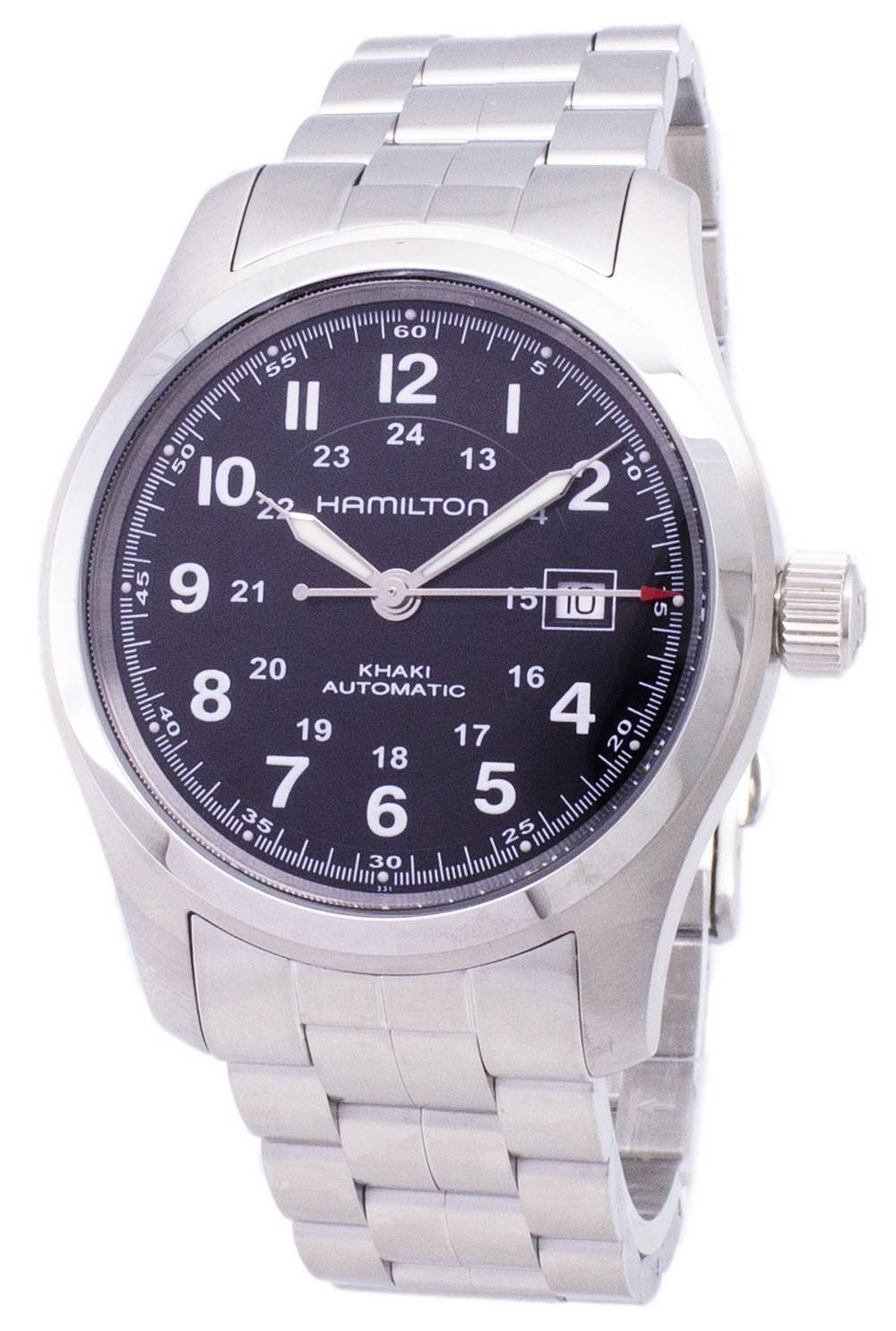 Hamilton Khaki Field Automatic Stainless Steel. A brand-new Hamilton Khaki watch featuring a Stainless steel strap. Side view.