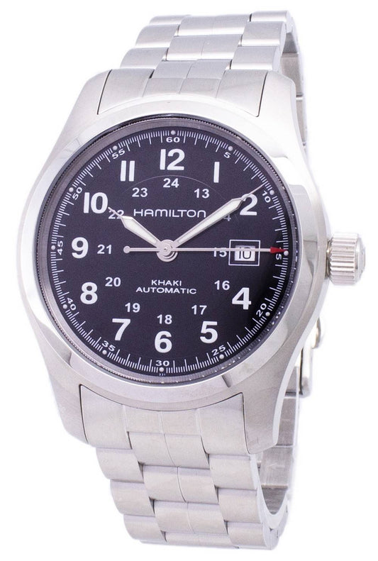 Hamilton Khaki Field Automatic Stainless Steel. A brand-new Hamilton Khaki watch featuring a Stainless steel strap. Side view.