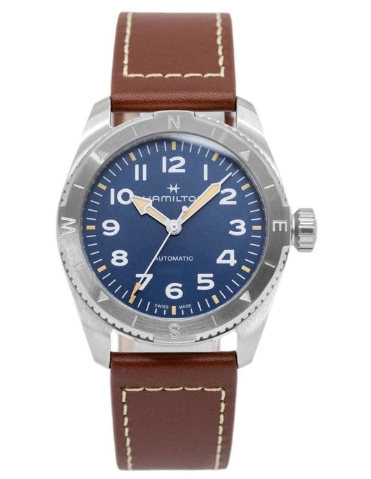 Hamilton Khaki Field Expedition Leather Strap Blue Dial. A brand-new Hamilton Khaki watch featuring a Blue dial and a Leather strap. Front view.