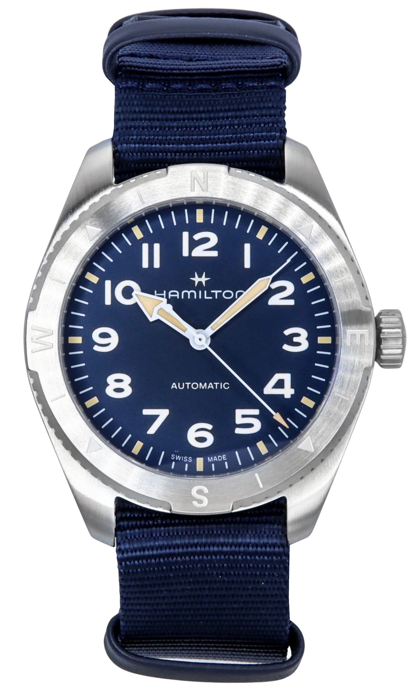 Hamilton Khaki Field Expedition Textile Strap Blue Dial. A brand-new Hamilton Khaki watch featuring a Blue dial and a Polyester strap. Angled view.