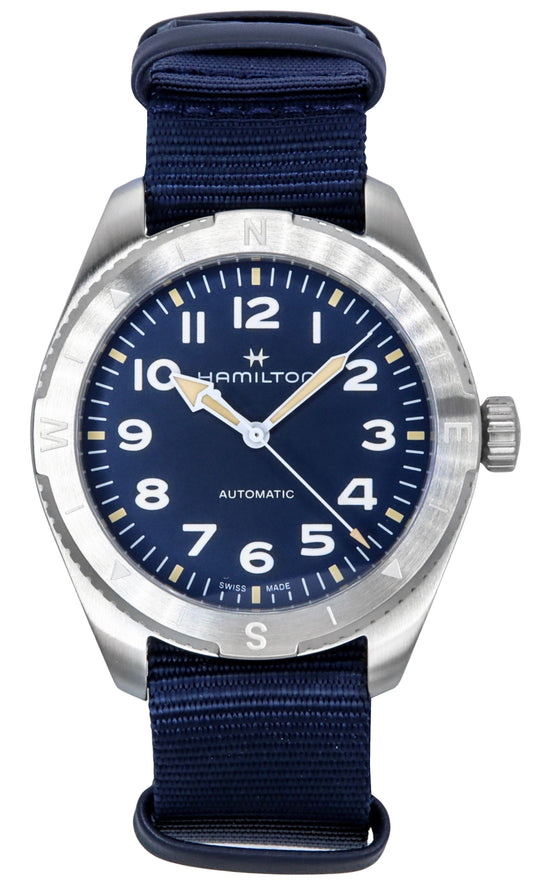 Hamilton Khaki Field Expedition Textile Strap Blue Dial. A brand-new Hamilton Khaki watch featuring a Blue dial and a Polyester strap. Angled view.