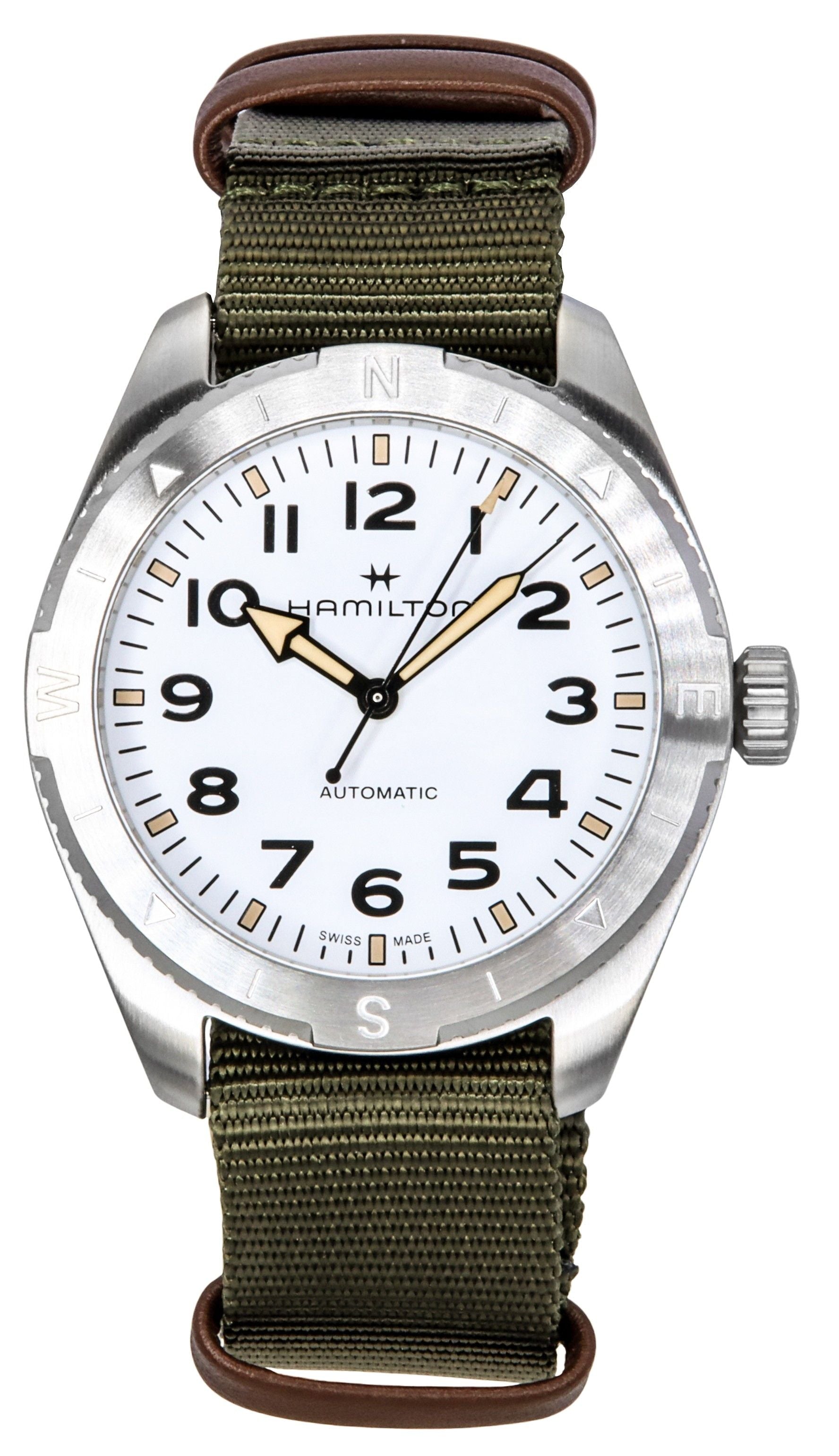 Hamilton Khaki Field Expedition Textile Strap White Dial. A brand-new Hamilton Khaki watch featuring a White dial and a Polyester strap. Angled view.