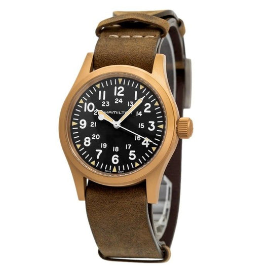 Hamilton Khaki Field Mechanical Bronze Leather Strap Black. A brand-new Hamilton Khaki watch featuring a Black dial and a Leather strap. Angled view.