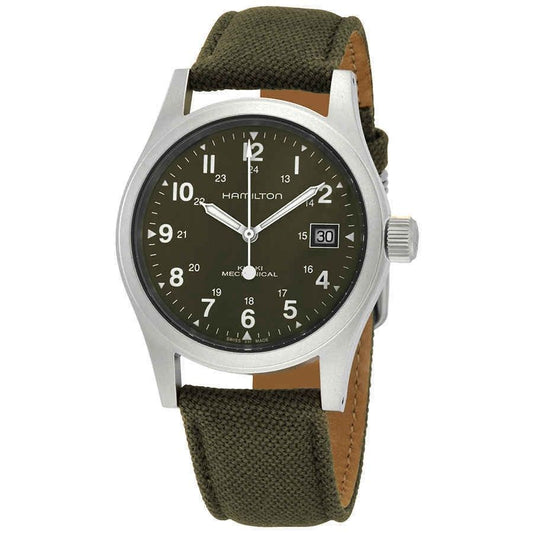 Hamilton Khaki Field Mechanical Canvas Strap Green Dial. A brand-new Hamilton Khaki watch featuring a Green dial and a Stainless steel strap. Side view.