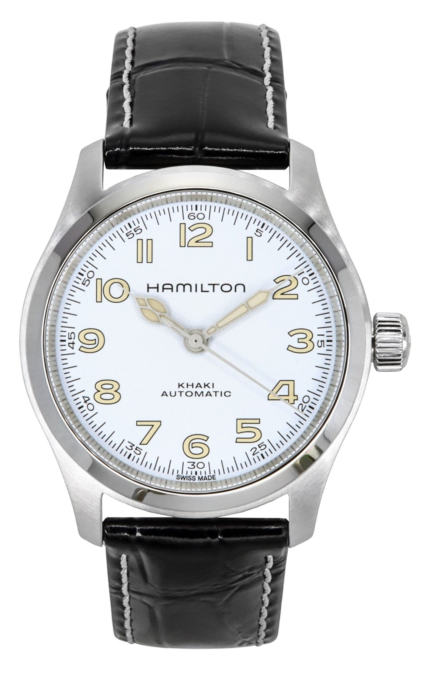 Hamilton Khaki Field Murph Leather Strap White Dial. A brand-new Hamilton Khaki watch featuring a White dial and a Leather strap. Front view.