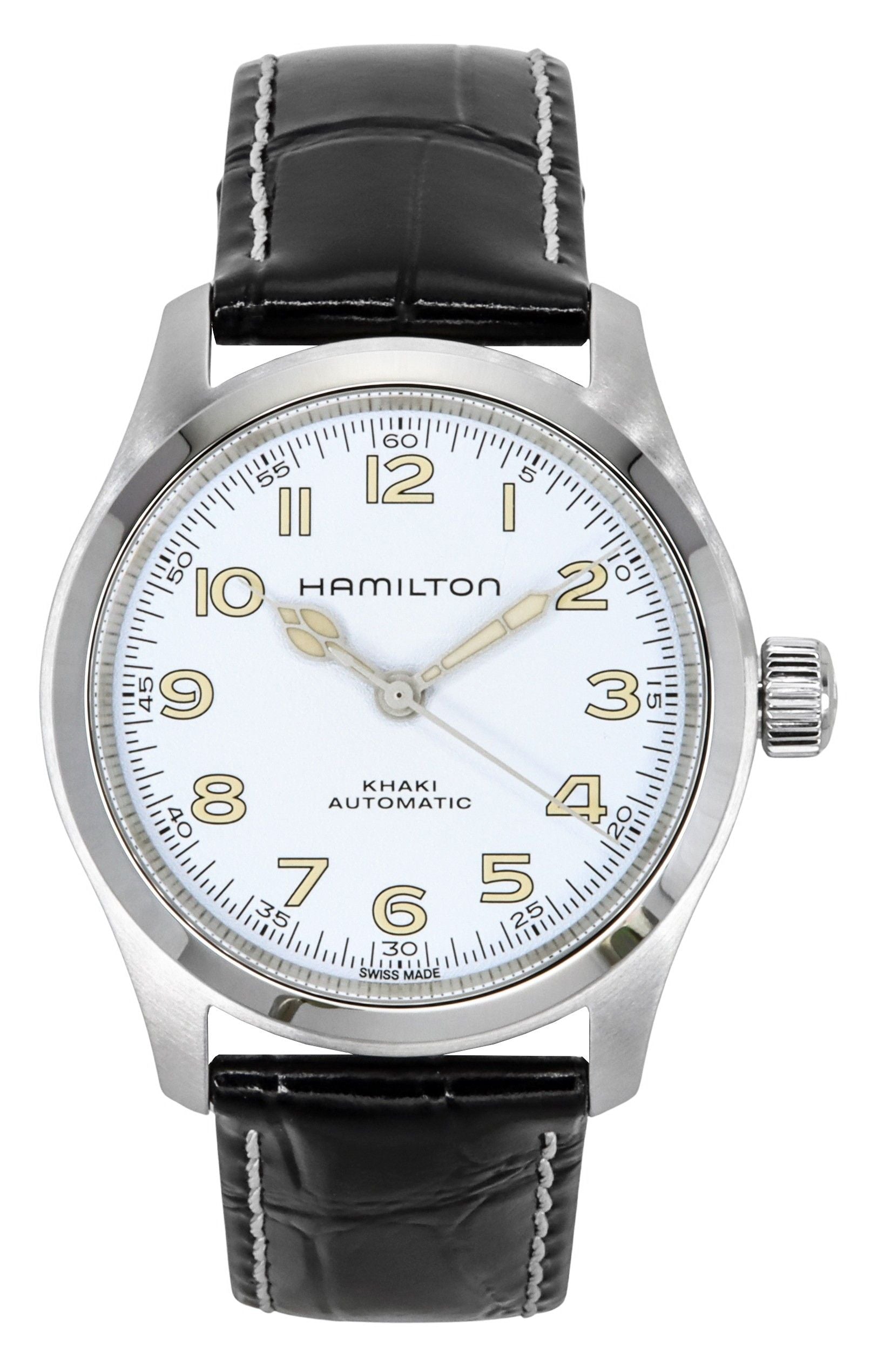 Hamilton Khaki Field Murph Leather Strap White Dial. A brand-new Hamilton Khaki watch featuring a White dial and a Leather strap. Front view.