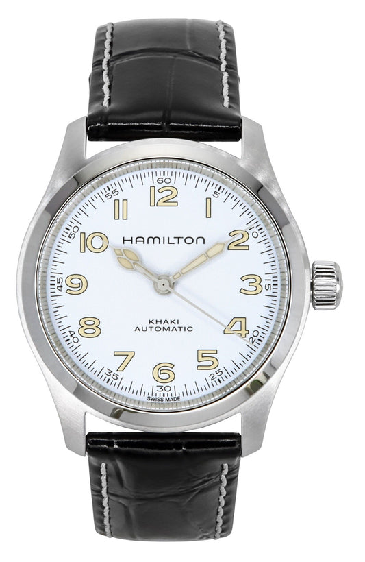 Hamilton Khaki Field Murph Leather Strap White Dial. A brand-new Hamilton Khaki watch featuring a White dial and a Leather strap. Front view.