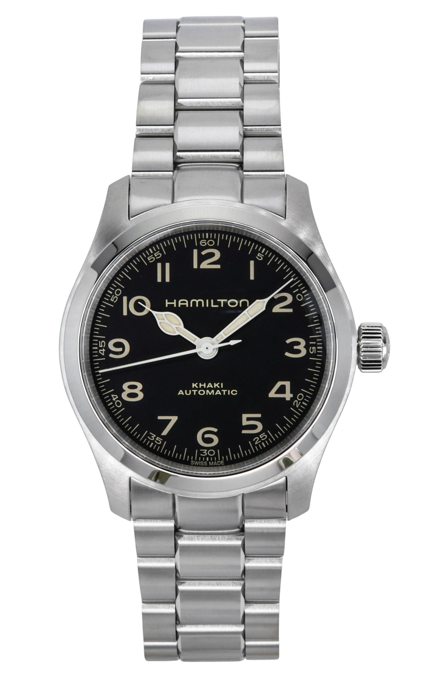 Hamilton Khaki Field Murph Stainless Steel Black Dial. A brand-new Hamilton Khaki watch featuring a Black dial and a Stainless steel strap. Side view.