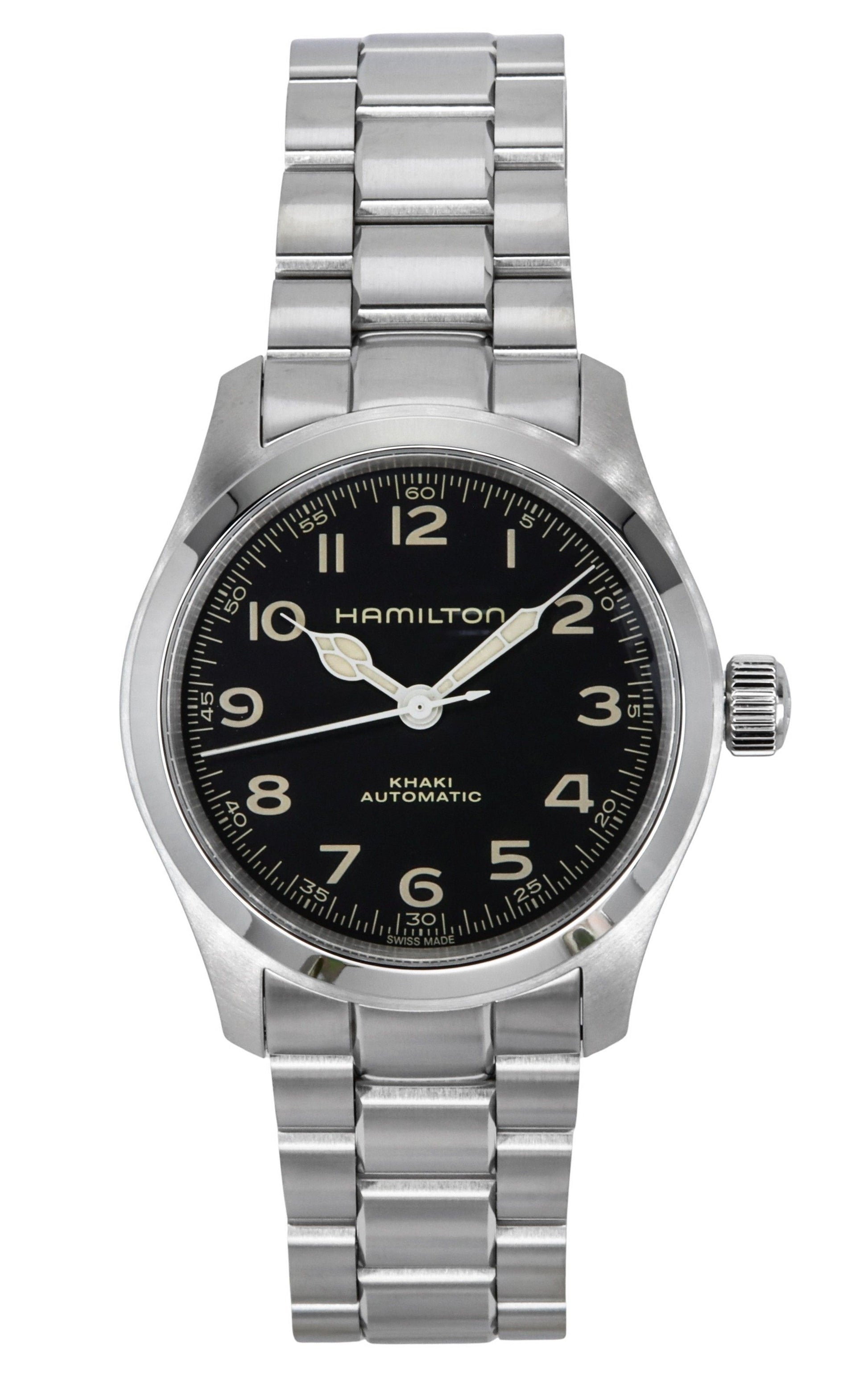 Hamilton Khaki Field Murph Stainless Steel Black Dial. A brand-new Hamilton Khaki watch featuring a Black dial and a Stainless steel strap. Side view.