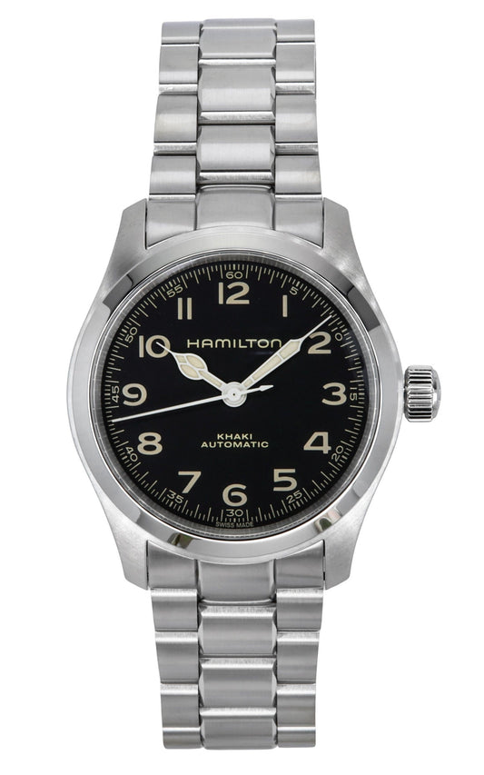 Hamilton Khaki Field Murph Stainless Steel Black Dial. A brand-new Hamilton Khaki watch featuring a Black dial and a Stainless steel strap. Side view.