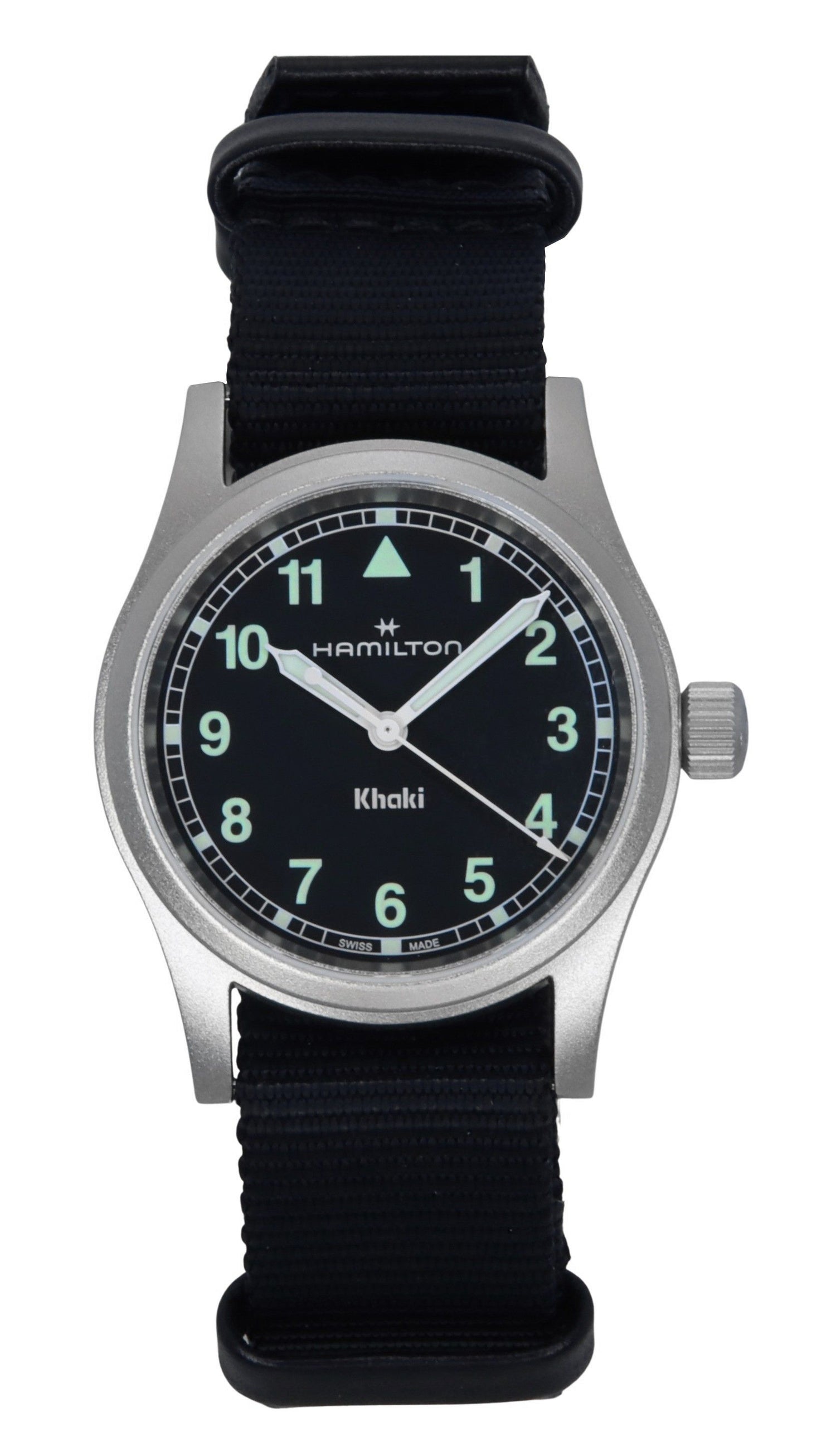 Hamilton Khaki Field Textile Strap Black Dial Quartz. A brand-new Hamilton Khaki watch featuring a Black dial and a Polyester strap. Angled view.
