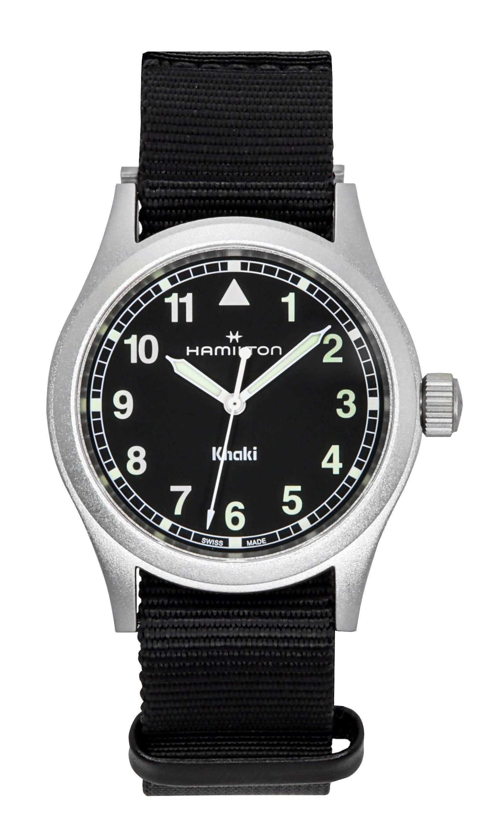 Hamilton Khaki Field Textile Strap Black Dial Quartz. A brand-new Hamilton Khaki watch featuring a Black dial and a Polyester strap. Side view.