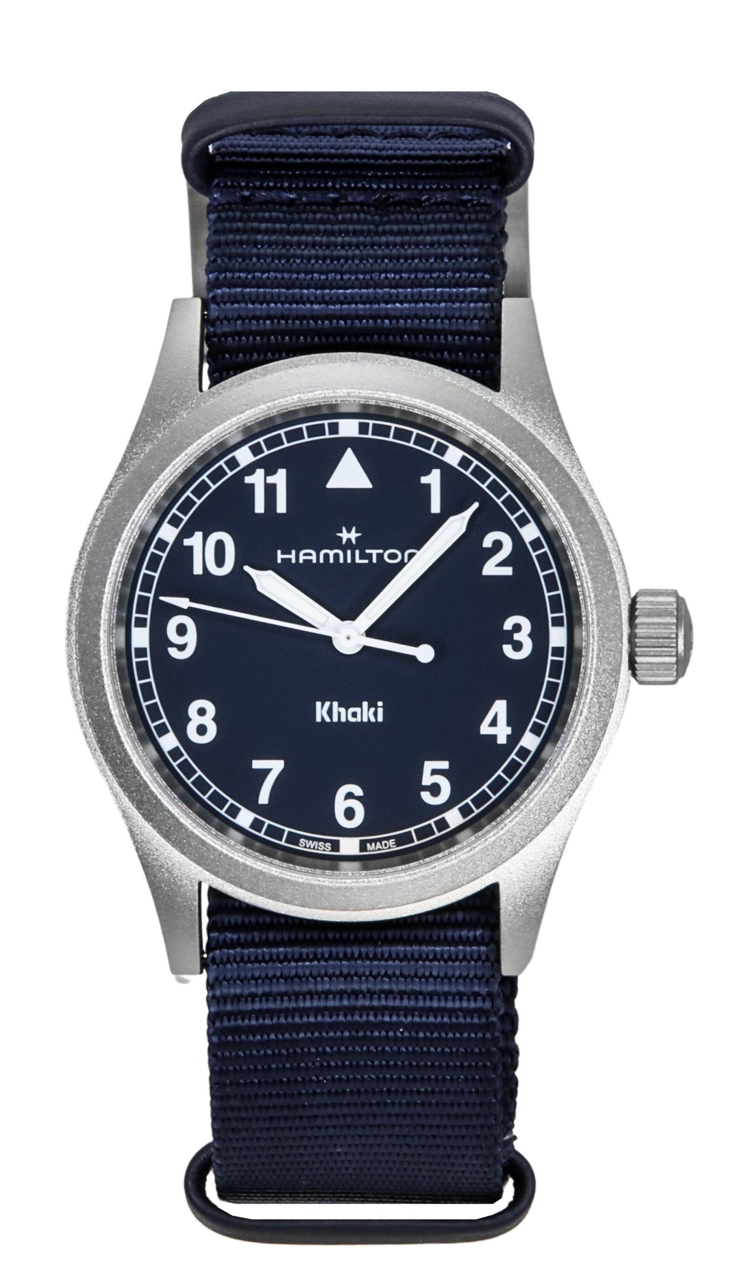 Hamilton Khaki Field Textile Strap Blue Dial Quartz. A brand-new Hamilton Khaki watch featuring a Blue dial and a Polyester strap. Angled view.