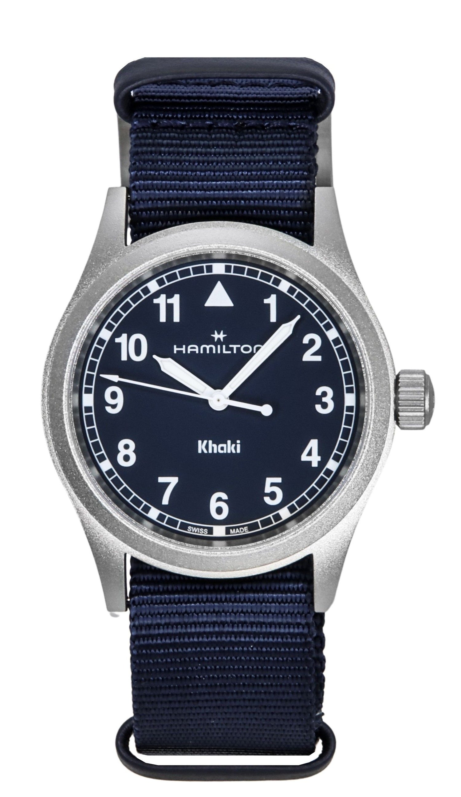 Hamilton Khaki Field Textile Strap Blue Dial Quartz. A brand-new Hamilton Khaki watch featuring a Blue dial and a Polyester strap. Angled view.