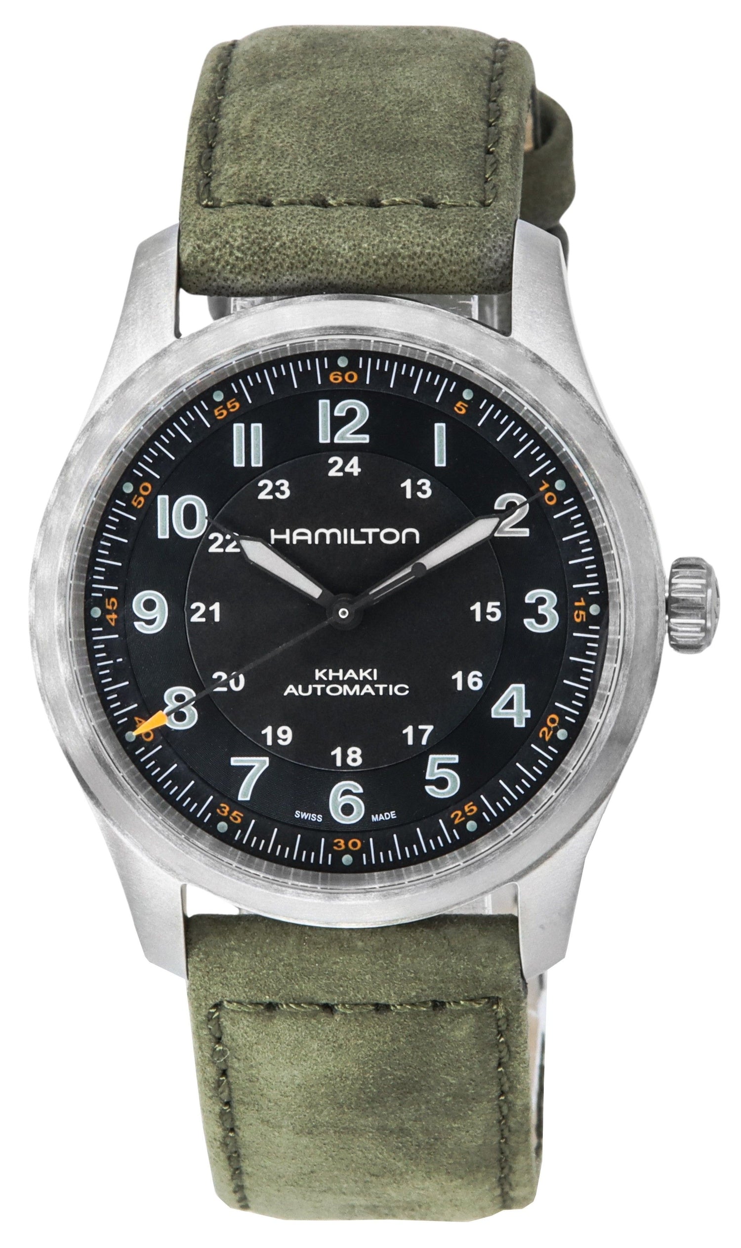 Hamilton Khaki Field Titanium Black Dial Automatic 100M. A brand-new Hamilton Khaki watch featuring a Black dial and a Titanium strap. Side view.