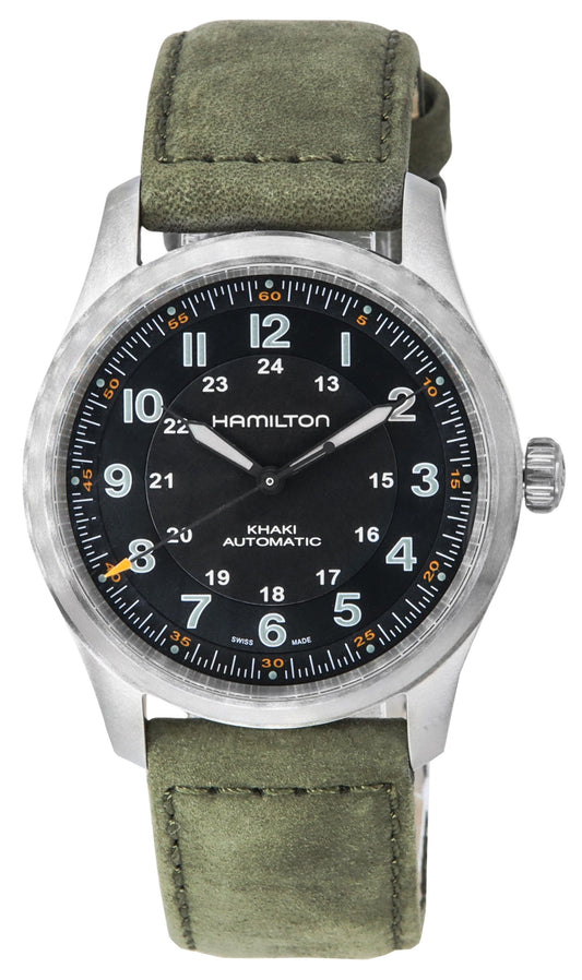Hamilton Khaki Field Titanium Black Dial Automatic 100M. A brand-new Hamilton Khaki watch featuring a Black dial and a Titanium strap. Side view.