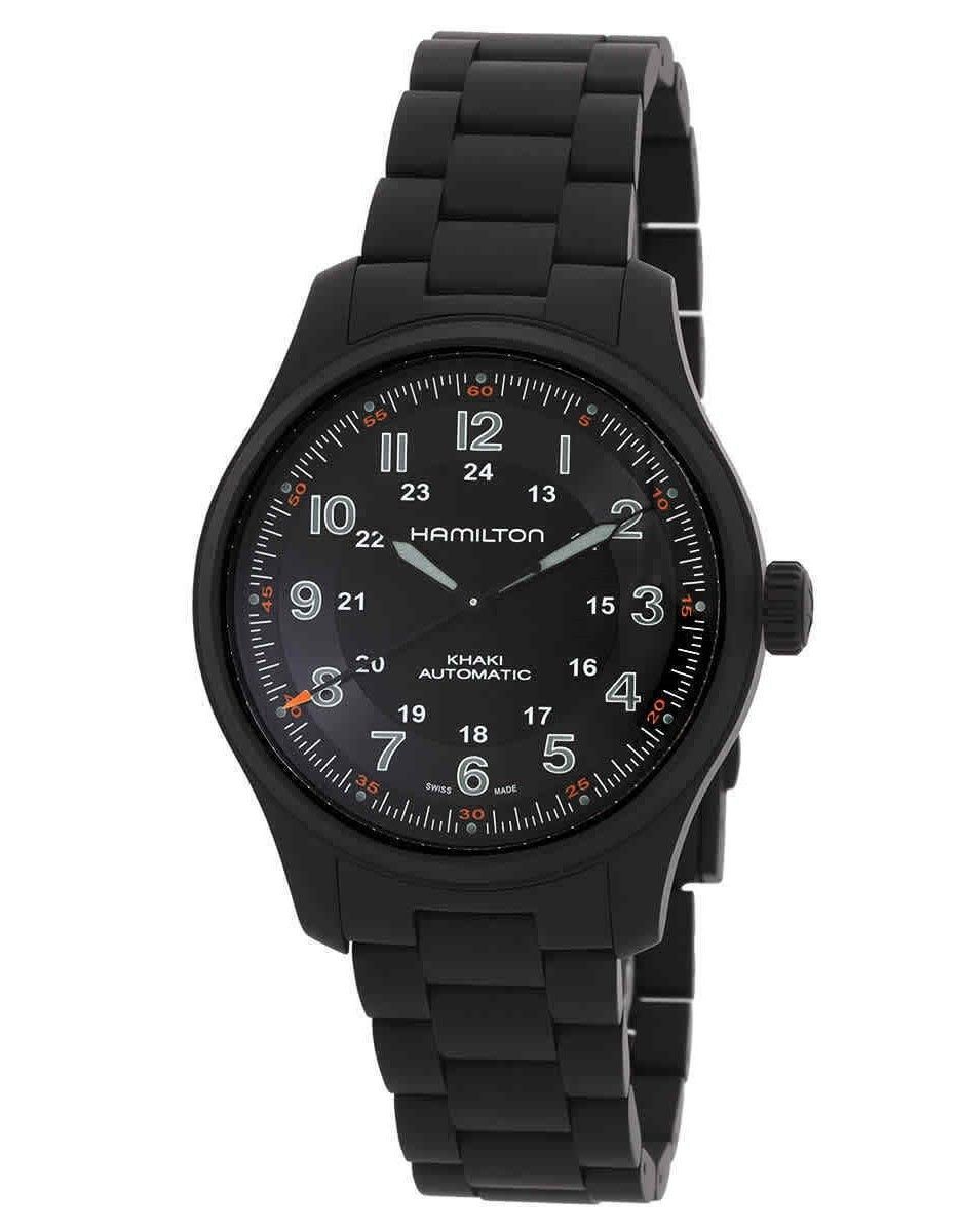 Hamilton Khaki Field Titanium Black Dial Automatic 100M. A brand-new Hamilton Khaki watch featuring a Black dial and a Titanium strap. Angled view.