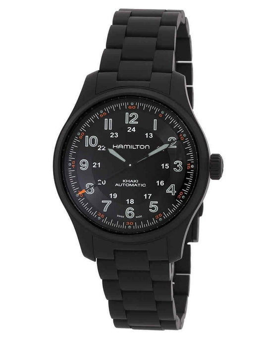 Hamilton Khaki Field Titanium Black Dial Automatic 100M. A brand-new Hamilton Khaki watch featuring a Black dial and a Titanium strap. Angled view.