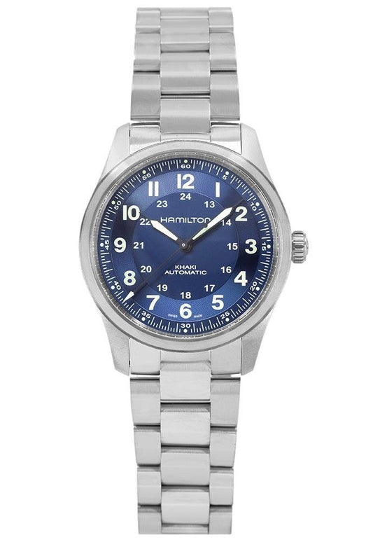 Hamilton Khaki Field Titanium Blue Dial Automatic 100M. A brand-new Hamilton Khaki watch featuring a Blue dial and a Titanium strap. Angled view.