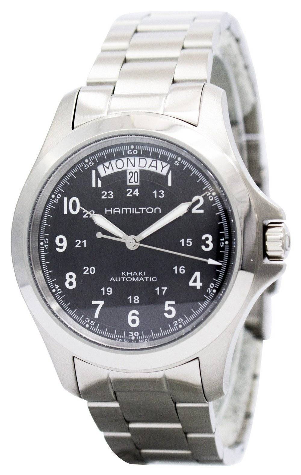 Hamilton Khaki King Automatic Stainless Steel. A brand-new Hamilton Khaki watch featuring a Stainless steel strap. Side view.