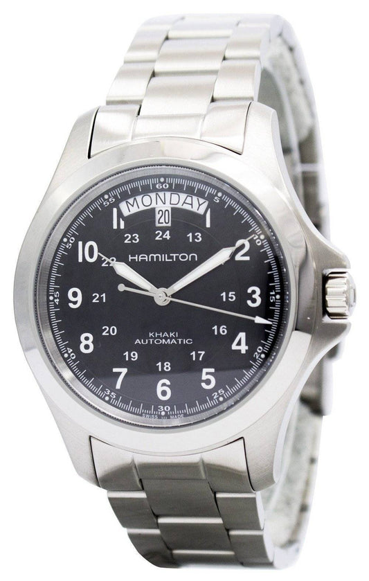 Hamilton Khaki King Automatic Stainless Steel. A brand-new Hamilton Khaki watch featuring a Stainless steel strap. Side view.