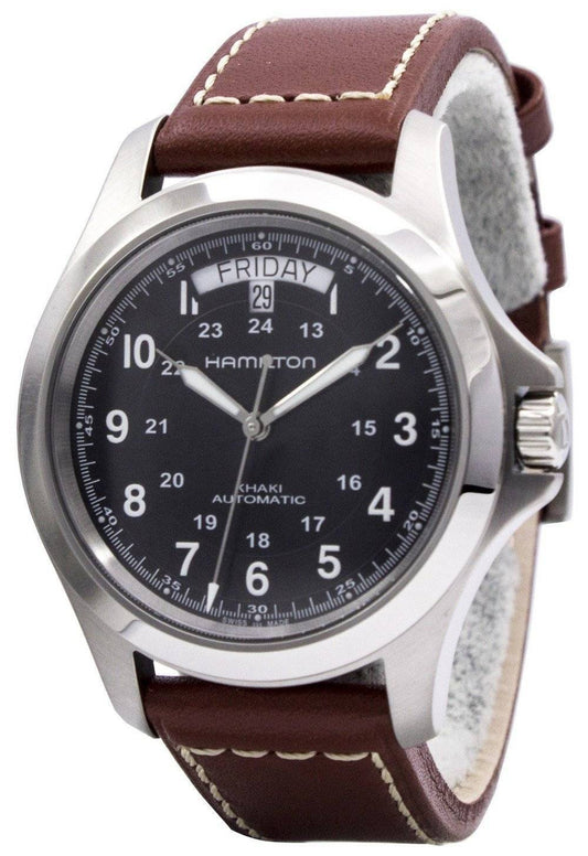 Hamilton Khaki King Automatic Stainless Steel. A brand-new Hamilton Khaki watch featuring a Leather strap. Angled view.