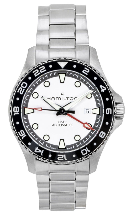 Hamilton Khaki Navy Scuba GMT Stainless Steel Silver Dial. A brand-new Hamilton Khaki watch featuring a Silver dial and a Stainless steel strap. Side view.