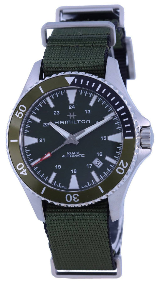Hamilton Khaki Navy Scuba Green Dial Automatic 100M. A brand-new Hamilton Khaki watch featuring a Green dial and a Nylon strap. Angled view.