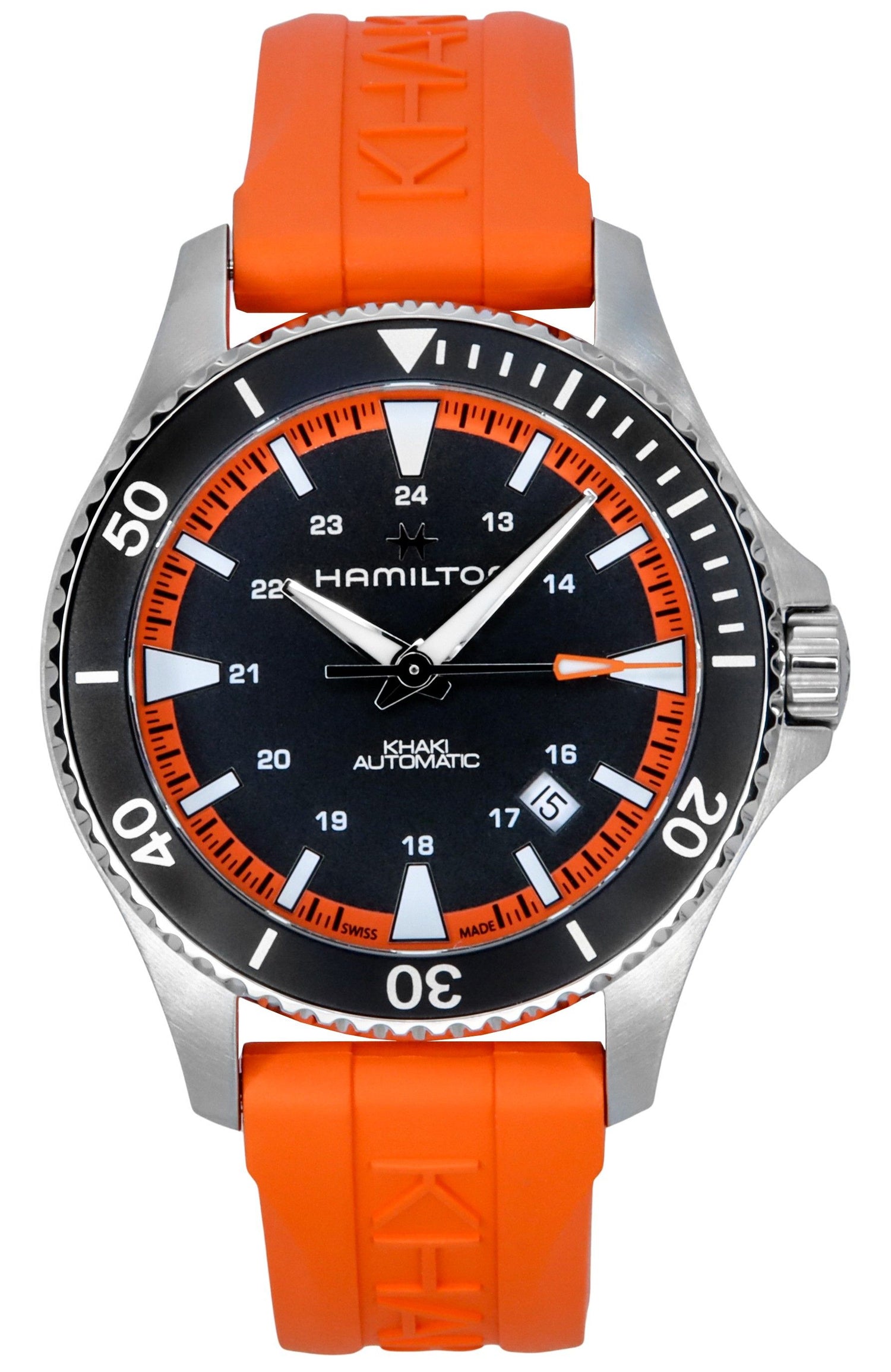 Hamilton Khaki Navy Scuba Orange Rubber Strap Black Dial. A brand-new Hamilton Khaki watch featuring a Black dial and a Rubber strap. Angled view.