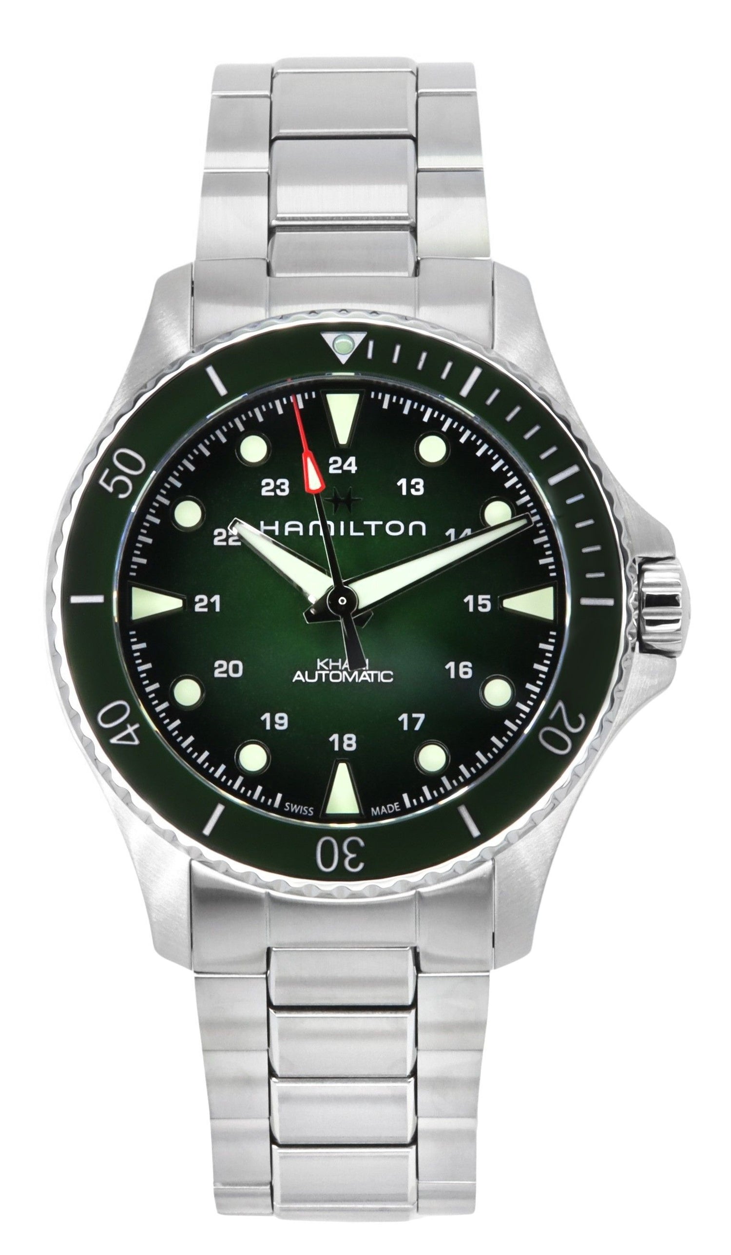 Hamilton Khaki Navy Scuba Stainless Steel Green Dial. A brand-new Hamilton Khaki watch featuring a Green dial and a Stainless steel strap. Front view.