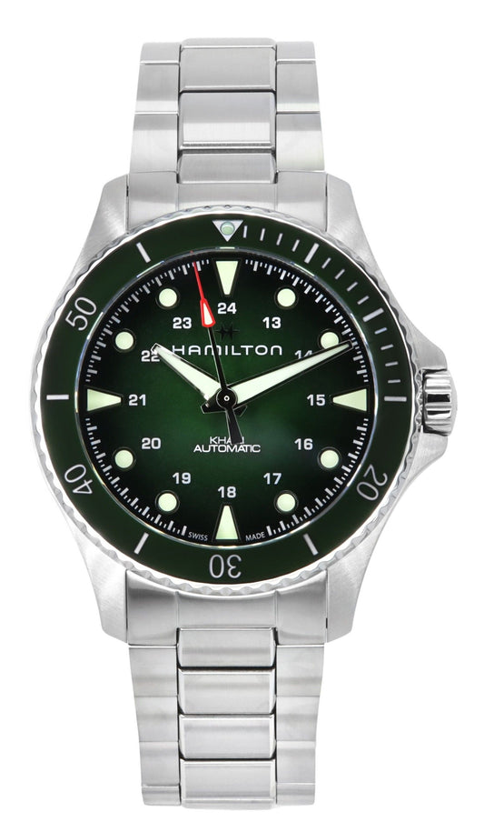 Hamilton Khaki Navy Scuba Stainless Steel Green Dial. A brand-new Hamilton Khaki watch featuring a Green dial and a Stainless steel strap. Front view.
