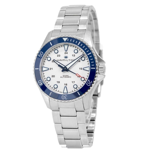 Hamilton Khaki Navy Scuba Stainless Steel Silver Dial. A brand-new Hamilton Khaki watch featuring a Silver dial and a Stainless steel strap. Front view.