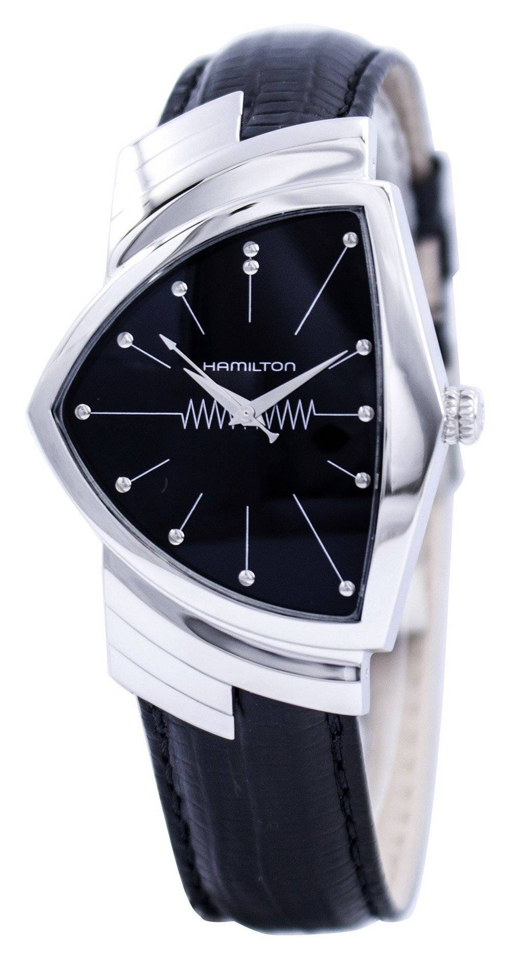 Hamilton Ventura Quartz Stainless Steel Water Resistant. A brand-new Hamilton watch featuring a Leather strap. Side view.