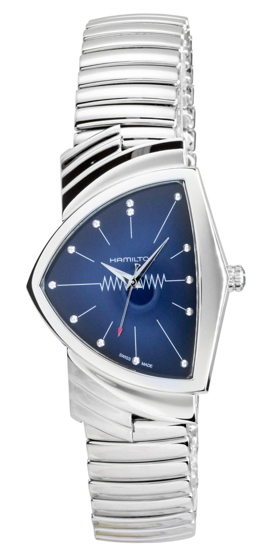 Hamilton Ventura Stainless Steel Blue Dial Quartz. A brand-new Hamilton watch featuring a Blue dial and a Stainless steel strap. Side view.