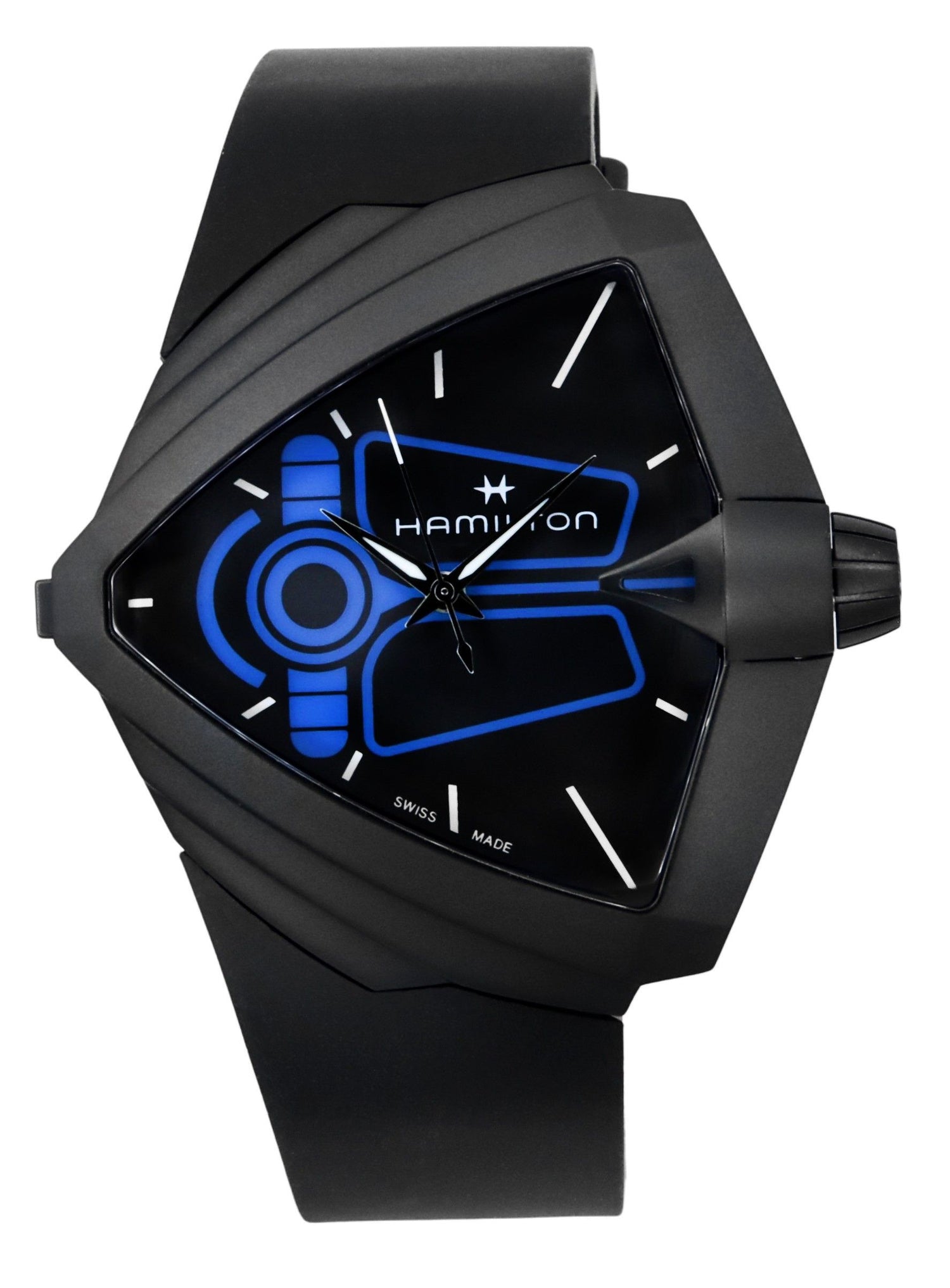 Hamilton Ventura XXL Bright Dune Limited Edition Rubber. A brand-new Hamilton watch featuring a Black dial and a Rubber strap. Angled view.