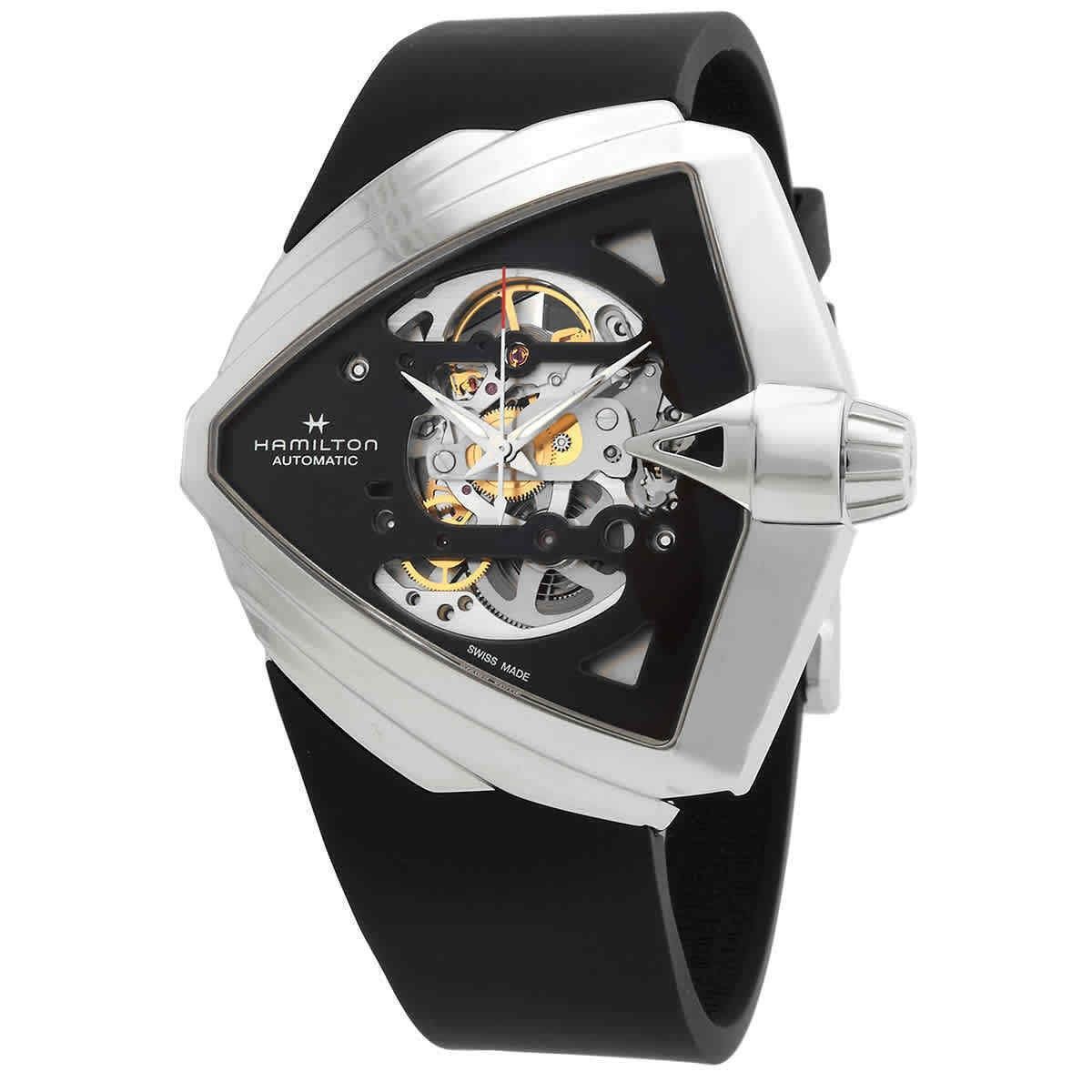 Hamilton Ventura XXL Rubber Strap Black Skeleton Dial. A brand-new Hamilton watch featuring a Black Skeleton dial and a Rubber strap. Side view.