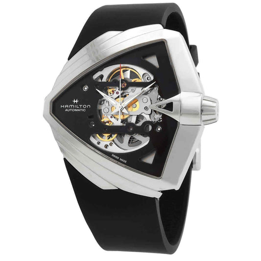 Hamilton Ventura XXL Rubber Strap Black Skeleton Dial. A brand-new Hamilton watch featuring a Black Skeleton dial and a Rubber strap. Side view.